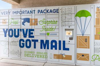 Package delivery lockers with colorful mural artwork